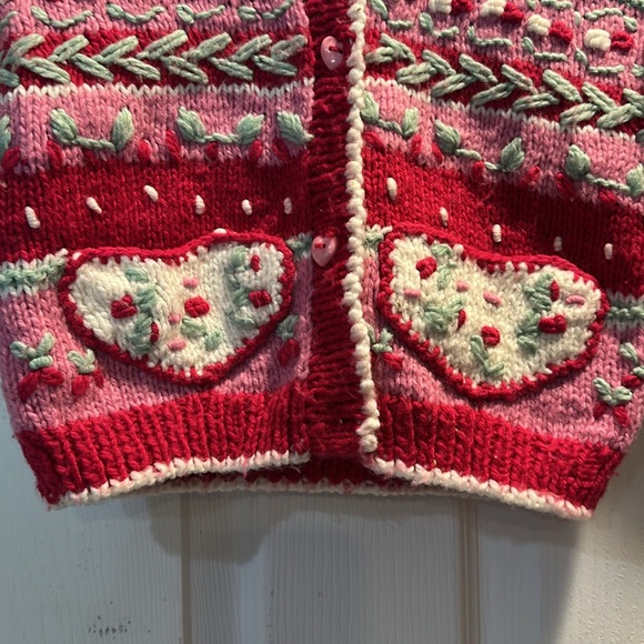 Badge Girls Chunky Handknit Pink Hearts and Roses Button Cardigan Sweater 5 - Picture 4 of 7